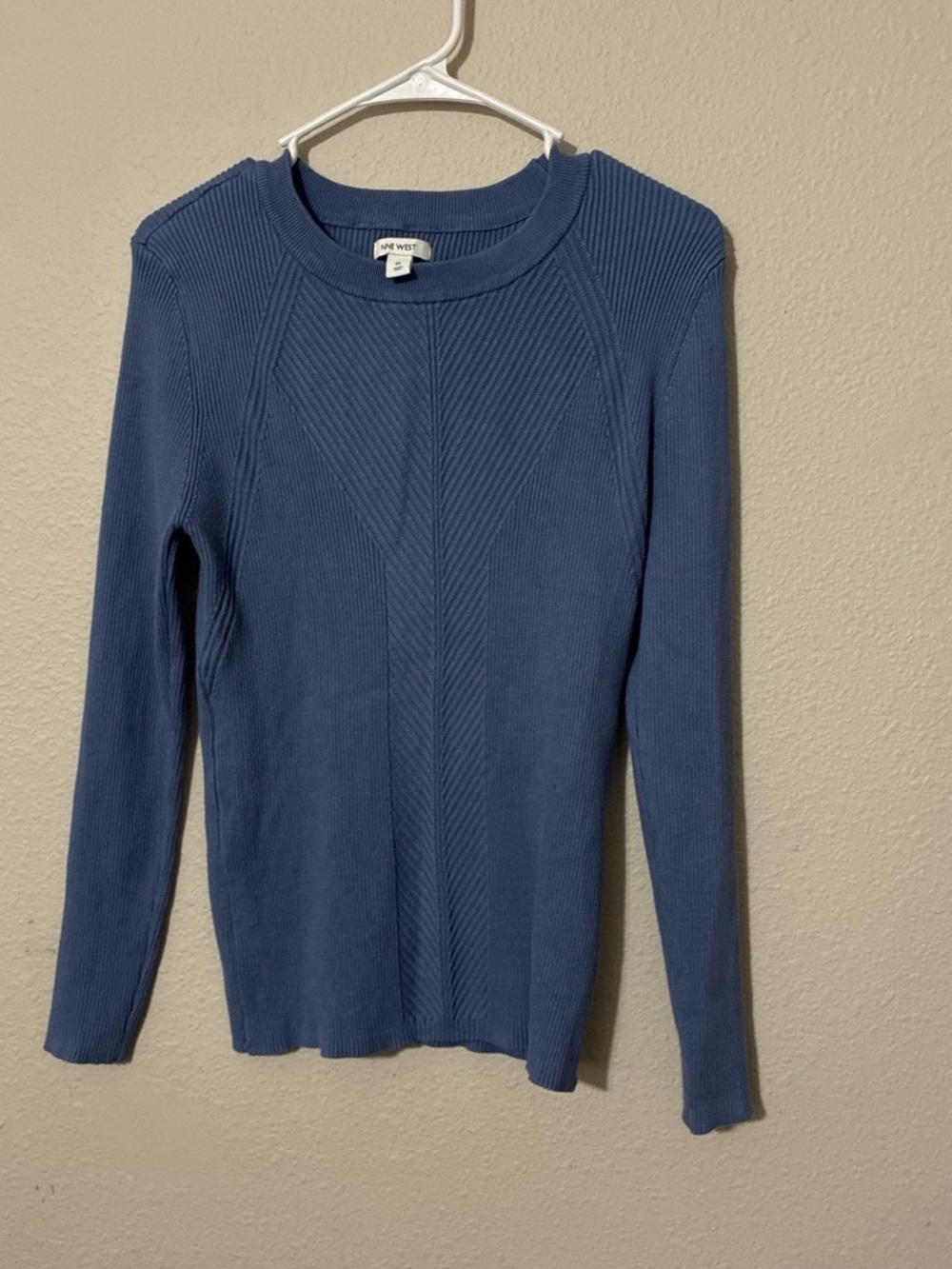 Nine West Slate Blue Ribbed Chevron-Detail Long Sleeve Top